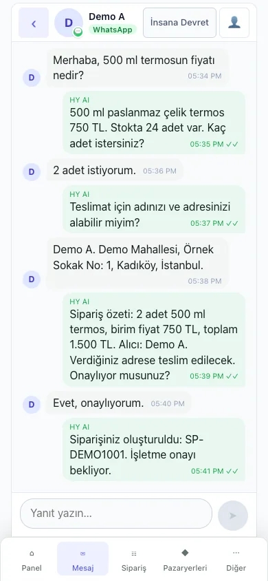 HY mesaj ekranı: müşteri onayından sonra oluşturulan sipariş